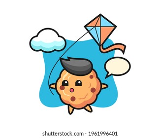 Chocolate chip cookie mascot illustration is playing kite, cute style design for t shirt, sticker, logo element