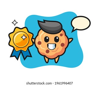 Chocolate chip cookie mascot illustration holding a golden badge, cute style design for t shirt, sticker, logo element