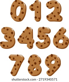 Números de biscoito de chip de chocolate no fundo branco. Oficina de pastelaria doce doces biscoito letras, saboroso padaria mão desenhado fonte. Ilustração vetorial