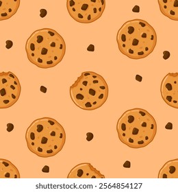 Chocolate Chip Cookie Pattern Design. A delightful seamless pattern featuring chocolate chip cookies, perfect for baking-themed designs, packaging, or culinary products.