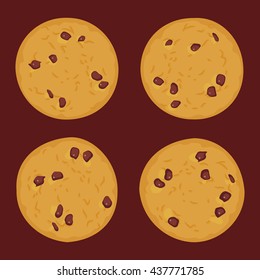 Chocolate chip cookie set, Freshly baked Four cookies on dark brown background. Bright colors. Vector