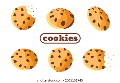 Chocolate Chip Cookie Set. Vector illustration with сookies in different planes in cartoon style. Bitten off snack with crumbs