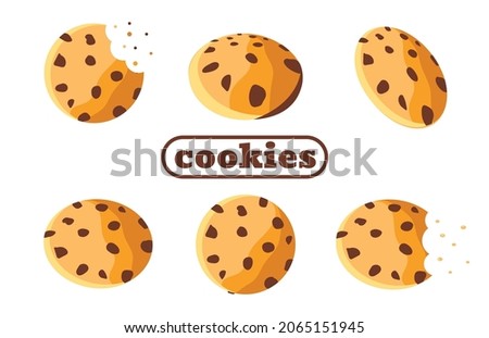 Chocolate Chip Cookie Set. Vector illustration with сookies in different planes in cartoon style. Bitten off snack with crumbs