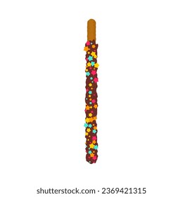 Chocolate chip cookie stick dipped in sprinkles. Decorated popping candy for Pepero day in Korea. Frosted crunchy biscuit dessert. Vector illustration