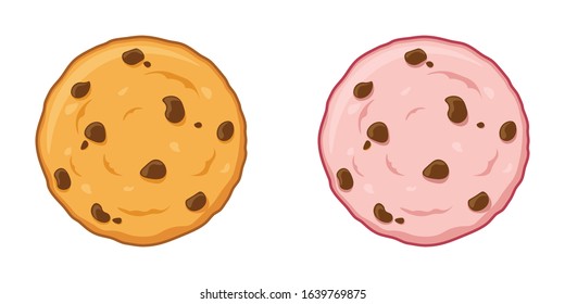 Chocolate chip cookies 2 flavor. Original and strawberry cookies cartoon vector illustration isolated on white background.