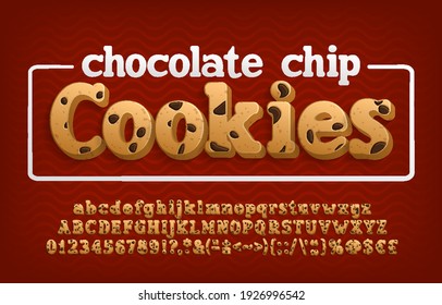 Chocolate Chip Cookies alphabet font. Cartoon letters, numbers and punctuation. Uppercase and lowercase. Stock vector illustration for your typography design.