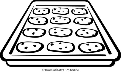 Chocolate Chip Cookies Baking Sheet Black And White Vector Illustration