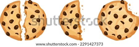 Chocolate chip cookies with a bite taken out and split in halves. Isolated vector illustrations.