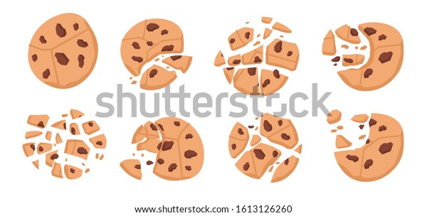 チョコレートチップクッキー パン粉にパン粉 丸いお菓子の切れ端を使った漫画の割れた甘いベーカリー 白い背景にベクター美味しいデザート のベクター画像素材 ロイヤリティフリー