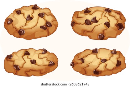 Chocolate Chip Cookies Collection. Baked Sweets Cartoon Vector Illustration