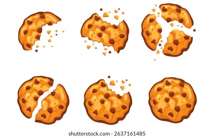 Chocolate chip cookies with crumbles bitten and broken. Cookies with crumbs vector set.