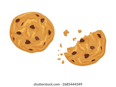 Chocolate chip cookies with crumbs isolated on white background. Vector hand drawn cartoon illustration for packaging design, menu, invitations, stickers, print