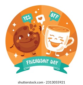 Chocolate chip cookies and a cup of coffee. friendship forever. Funny logo. Vector.