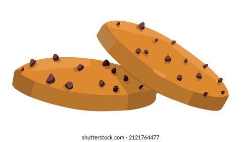 Chocolate chip cookies, dessert. Hand drawn vector illustration in flat style. Single doodle of sweet food. Cartoon clipart isolated on white background.
