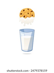 Chocolate chip cookies dipped in a glass of milk isolated on white background.