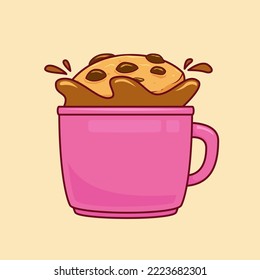 chocolate chip cookies dipping into coffee cup mug illustration vector cartoon style