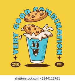 galletas de chips de chocolate lindo sumergidas en la ilustración de vidrio de leche estilo de dibujos animados vectoriales, estilo vintage, con texto muy buena combinación, perfecto para el diseño de camisetas, afiche, pegatina, marca de logotipo y demás