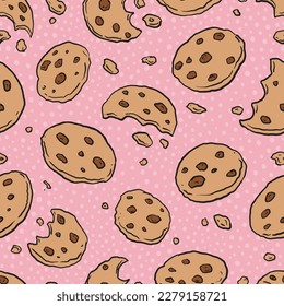 Chocolate Chip Cookies doodle seamless pattern. Cartoon illustration vector illustration background. For print, textile, web, home decor, fashion, surface, graphic design