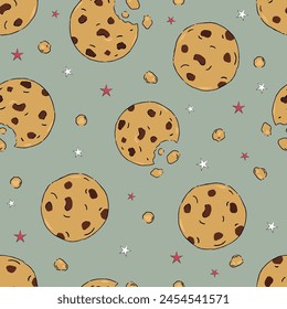 Chocolate Chip Cookies doodle Vector repetir patrón sin fisuras. Fondo de ilustración de dibujos animados.