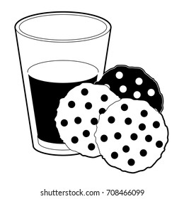 chocolate chip cookies with glass of milk black color section silhouette on white background vector illustration