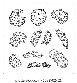 chocolate chip cookies icon, hand drawn chocolate cookies icon, doodle cookies icon set