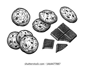 Chocolate chip cookies. Ink sketch isolated on white background. Hand drawn vector illustration. Retro style.