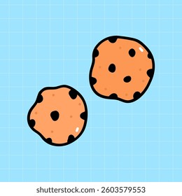 Chocolate chip cookies isolated on a blue background. Vector hand-drawn illustration in doodle style. Perfect for cards, decorations, stickers, logo, menu, various designs.