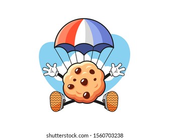 Chocolate chip cookies jumping parachute cartoon. Mascot Character vector.