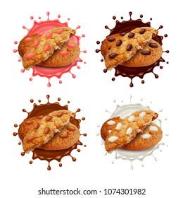 Chocolate chip cookies in milk and chocolate splashes 3d realistic vector set