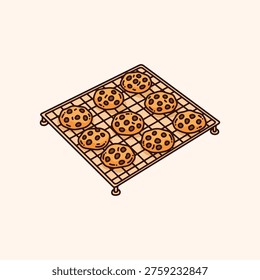 Chocolate Chip Cookies on Cooling Rack, Cute Flat Bakery Illustration