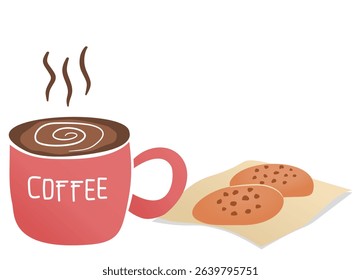 Chocolate chip cookies on the paper napkin and coffee in cup. Flat style elements.