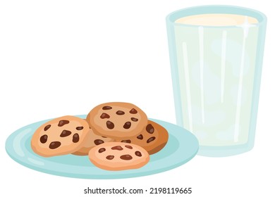 Galletas de chocolate en placa y vaso de leche. Ilustración vectorial dibujada a mano. Adecuado para sitio web, pegatinas, postales, menú.