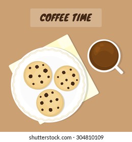 Chocolate chip cookies on the plate and coffee in cup. Top view. Flat style elements.