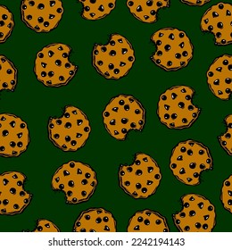 Chocolate chip cookies pattern design. Bake pattern design. Yummy baked food. cute cookie flat vector seamless pattern. Cartoon flat illustration ideal for cards posters,textile. Food illustration.
