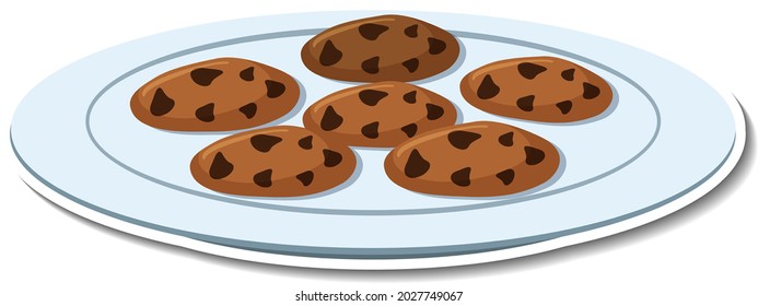 Chocolate chip cookies in plate sticker on white background illustration