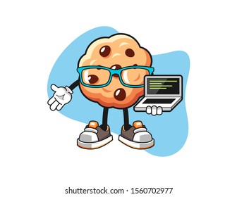 Chocolate Chip Cookies Programmierer Cartoon. Mascot-Zeichen-Vektorgrafik.