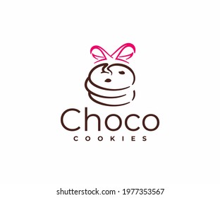 Chocolate chip cookies with ribbon logo design. Bakery and desserts vector design. Pastry shop logotype