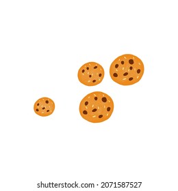 Chocolate chip cookies. Round-shaped dough biscuits with sweet choco crumbs and sesame seeds. Delicious baked dessert composition, top view. Flat vector illustration isolated on white background