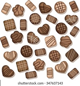 Chocolate chip cookies, seamless background, white, color. Vector seamless background of chocolate cookies, cakes and candies. For the decoration. 