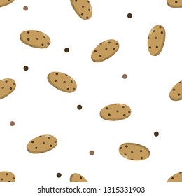 Chocolate chip cookies seamless pattern. Yummy bakery background.