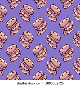 Chocolate chip cookies , seamless pattern on a purple background.