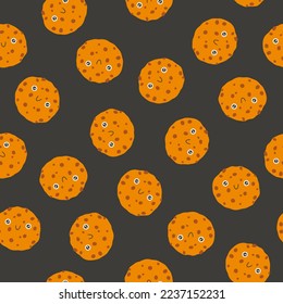 Chocolate chip cookies seamless pattern cute smile. Hand drawn nursery cartoon doodle kawaii dessert character. Childish vector illustration in a simple naive style. Perfect for printing