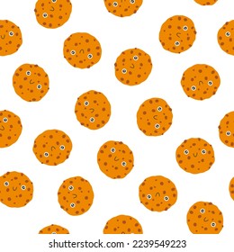 Schokoladenkekse sind nahtlose Muster süße Lächeln. Handgezeichneter Kinderkartoon doodle kawaii Nachtisch Charakter. Kinderische Vektorgrafik in einem einfachen naiven Stil. Perfekt für den Druck