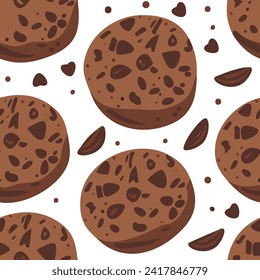 Chocolate chip cookies seamless pattern. Vector illustration in catroot style on white background. For print, textile, web, home decor, fashion, surface, graphic design