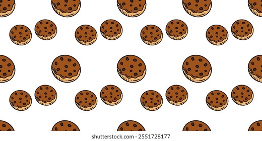 Patrón sin fisuras de las galletas de la viruta de chocolate. Fondo de Ilustración vectorial de ilustración de dibujos animados. Para la impresión, materia textil, Web, decoración casera, moda, superficie, Diseño gráfico