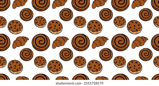 Patrón sin fisuras de las galletas de la viruta de chocolate. Fondo de Ilustración vectorial de ilustración de dibujos animados. Para la impresión, materia textil, Web, decoración casera, moda, superficie, Diseño gráfico