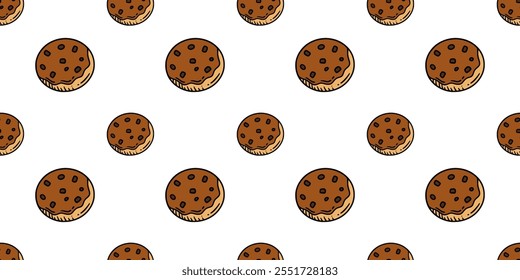Chocolate Chip Cookies padrão sem costura. Plano de fundo de ilustração vetorial de ilustração de desenhos animados. Para impressão, têxtil, web, decoração de casa, moda, superfície, design gráfico