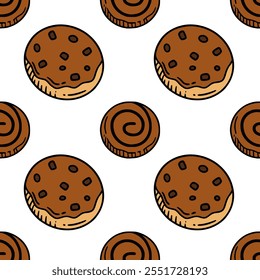 Patrón sin fisuras de las galletas de la viruta de chocolate. Fondo de Ilustración vectorial de ilustración de dibujos animados. Para la impresión, materia textil, Web, decoración casera, moda, superficie, Diseño gráfico