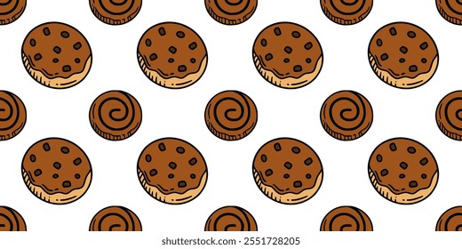 Chocolate Chip Cookies seamless pattern. Cartoon illustration vector illustration background. For print, textile, web, home decor, fashion, surface, graphic design