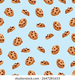 Chocolate chip cookies seamless pattern. Flat vector clipart, illustration with isolated background.